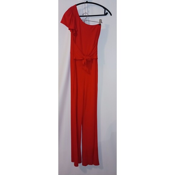 Lovers Friends Bethany Jumpsuit Small Red Women 1 Shoulder Front Tie Belt & Zip - Picture 1 of 15
